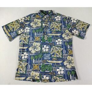 Hilo Hattie Shirt Mens Medium Blue Hawaiian Floral Aloha Cotton Summer Resort